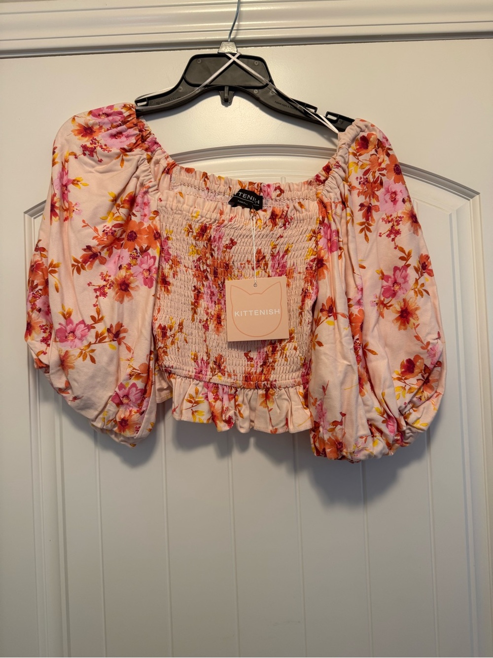 Kittenish Pink Floral Smocked Off-Shoulder Puff Sleeve Top
